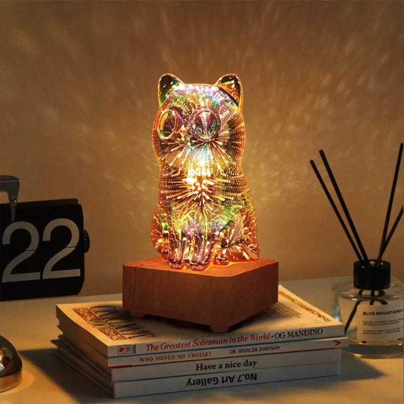 3D Firework Kitten Night Light – Colorful LED Lamp for Bedroom
