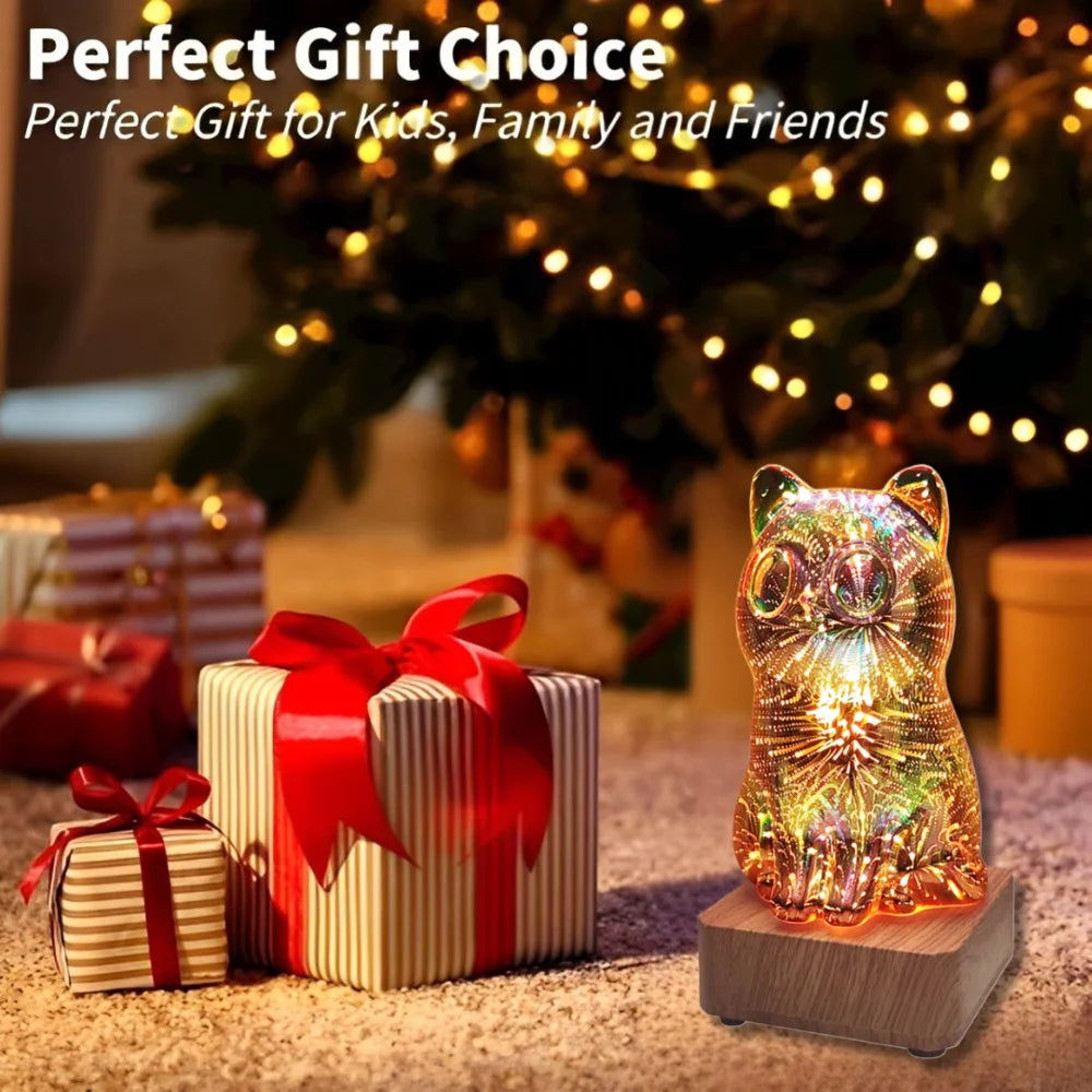 3D Firework Kitten Night Light – Colorful LED Lamp for Bedroom